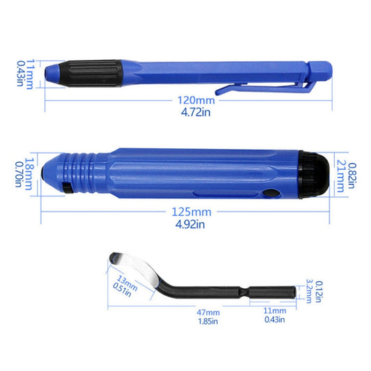 Blue deburring and chamfering scraper tool with curved metal blade