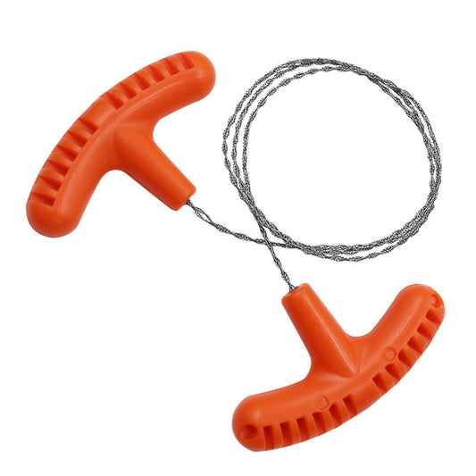 Orange hand-pulled wire rope saw with black steel cable and grip handles