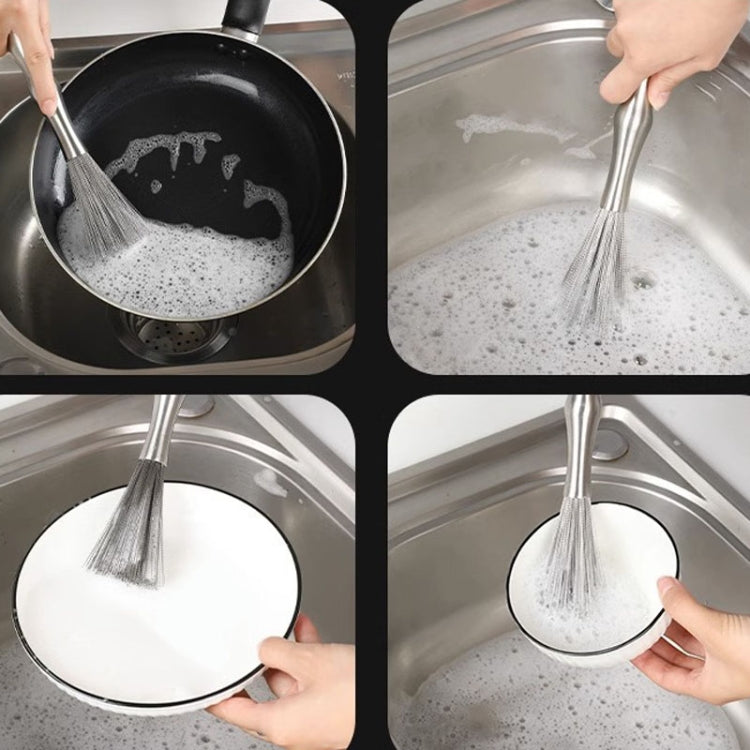 Stainless steel wire pot cleaning brush with long handle, scrubbing a pan and sink.