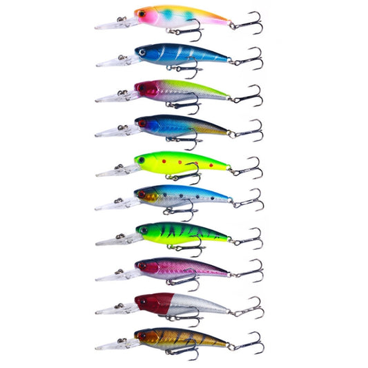 Set of 10 colorful diving minnow hard lures with treble hooks