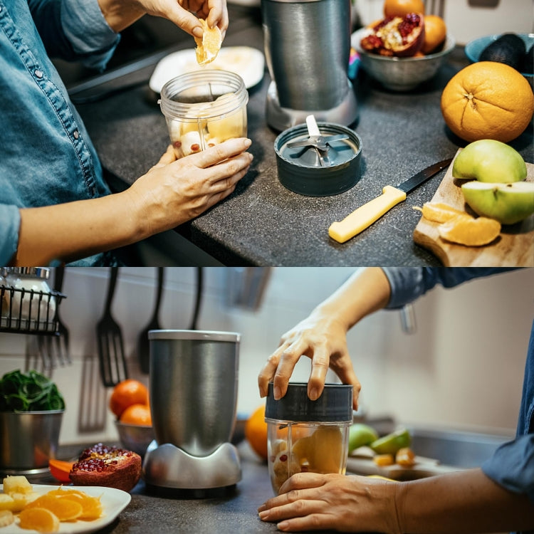 Blender jar being filled with ingredients on a kitchen counter, NutriBullet 1200W use