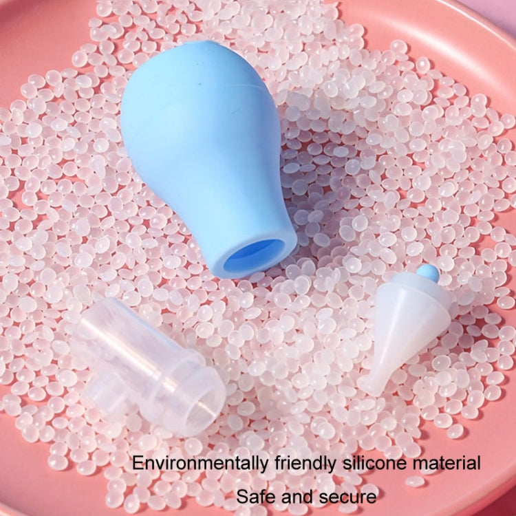 Baby nasal aspirator with blue silicone squeeze bulb and clear inhalation nozzle