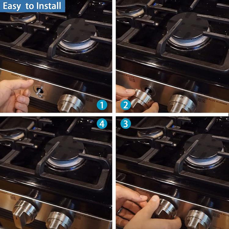 Stainless oven control knob being installed on gas stove burner panel