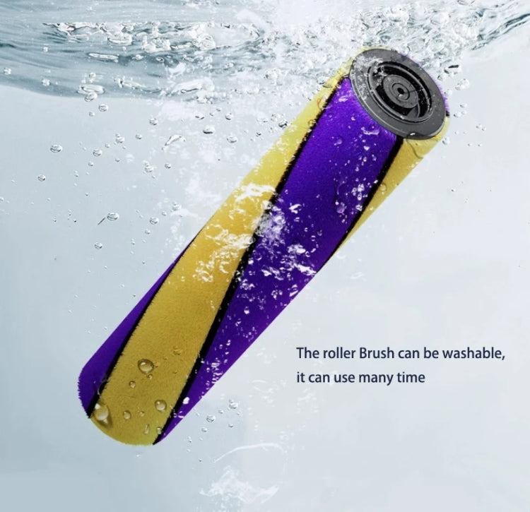 Washable roller brush head with green LED dust light, purple and yellow bristles