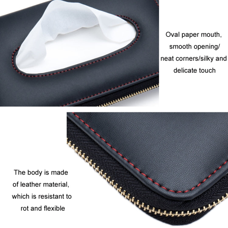 Tissue box close-up showing oval paper mouth opening and gold zipper trim