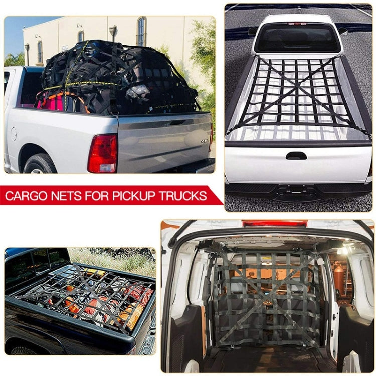 Black pickup cargo net installed over the truck bed with strapped attachment