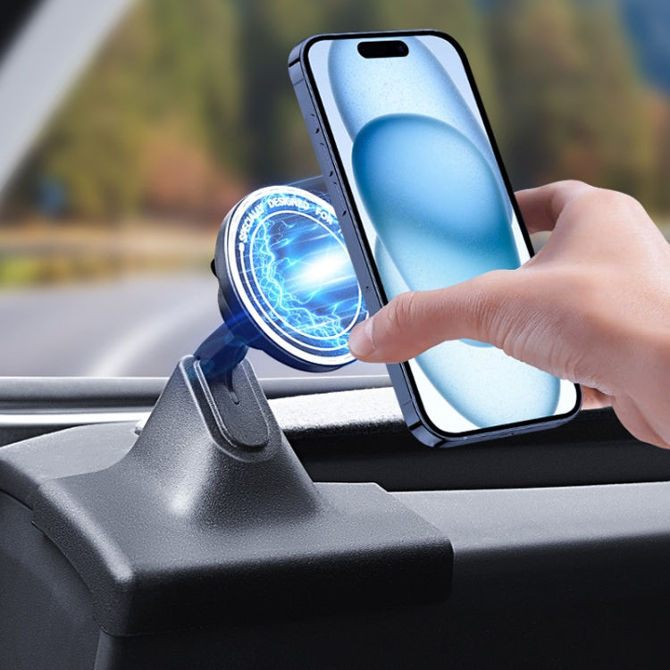 Magnetic air vent phone holder with hand placing a smartphone on the round mount