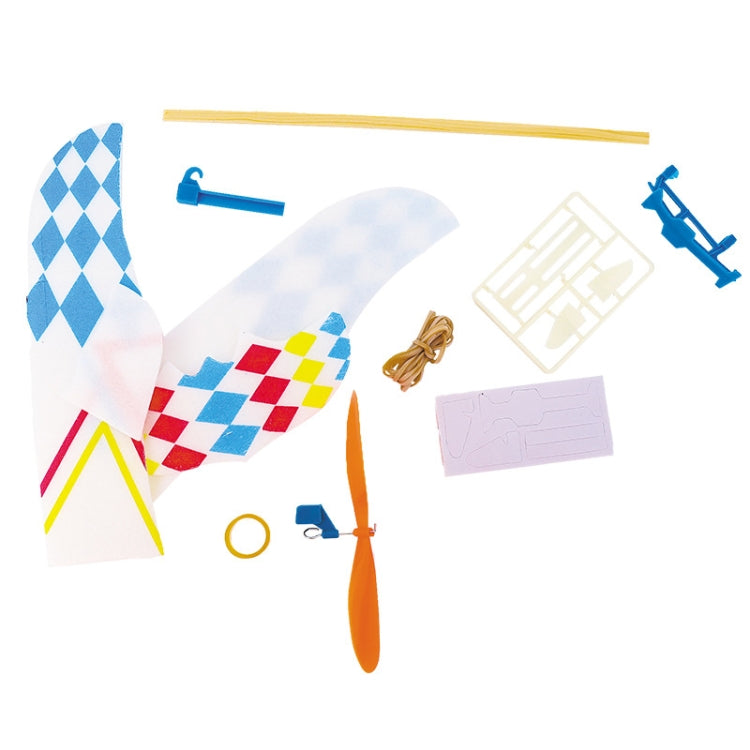 Rubber band powered airplane model kit with wooden frame, wings, propeller, and rubber bands