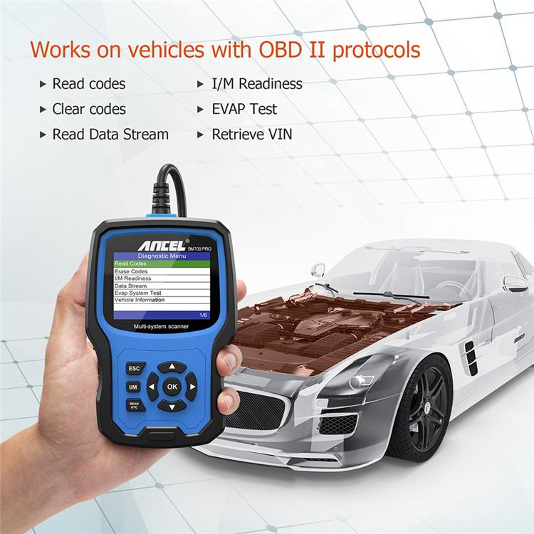 Handheld ANCEL OBDII diagnostic scanner held near a sports car hood
