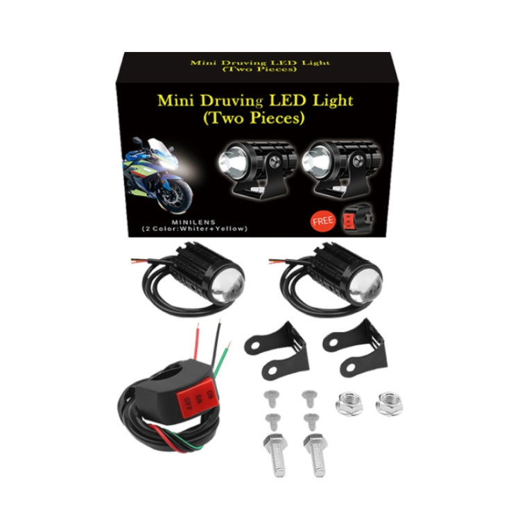 Motorcycle LED headlight kit box with two lights, wires, and mounting hardware
