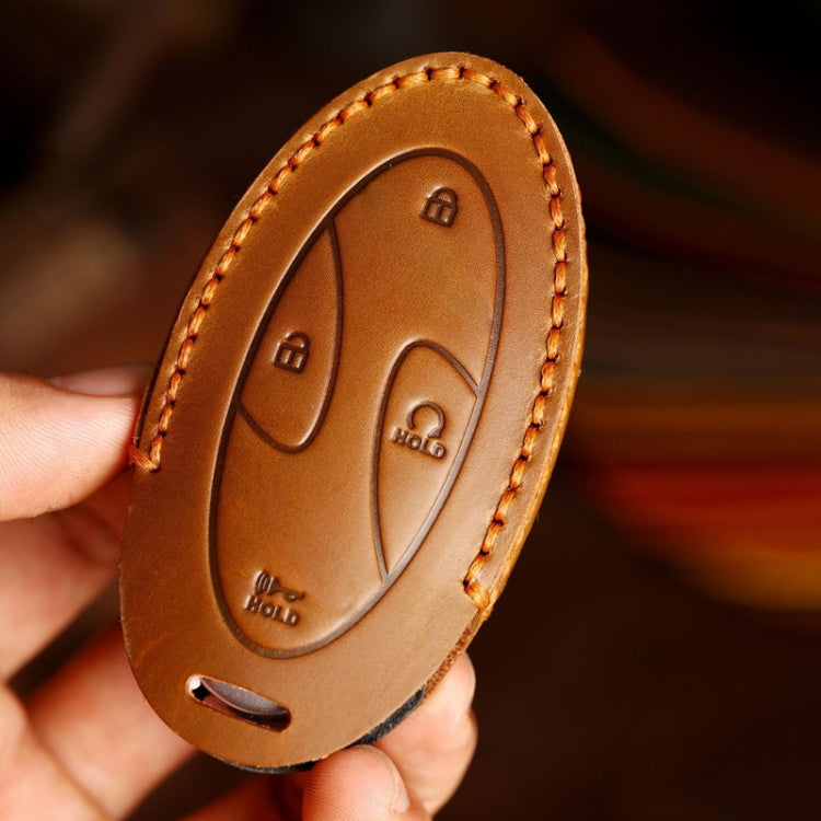 Handmade leather key fob pouch, brown, stitched edge, key icons on front