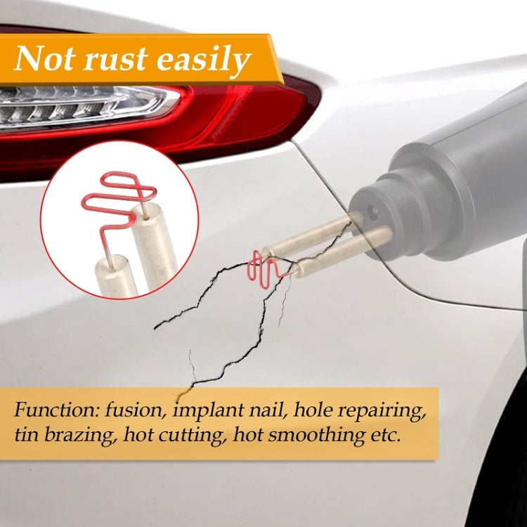 Plastic welding nail application on car panel with welding gun tip for hole repair