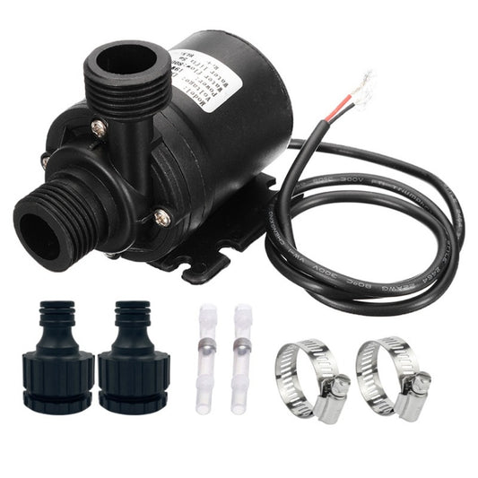 Black DC booster pump with brushless motor, inlet/outlet threaded ports and power wiring