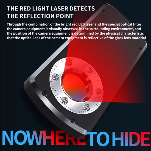 Handheld detector device angled view with circular dial and red light effect, black