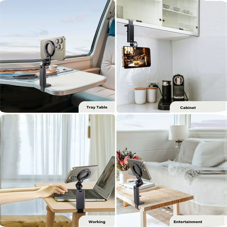 Foldable magnetic phone holder stand for desk, cabinet, and tray table