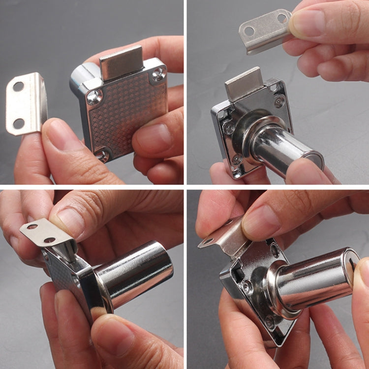 L-shaped lock plate installed on drawer latch hardware with mounting screws