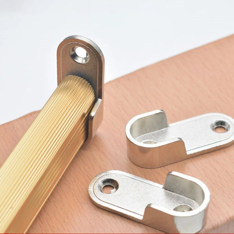 Alloy rod end support bracket for wardrobe rod, silver, shown with wood rod segment