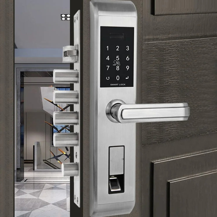Steel security door lock with touchscreen keypad and lever handle, installed on door