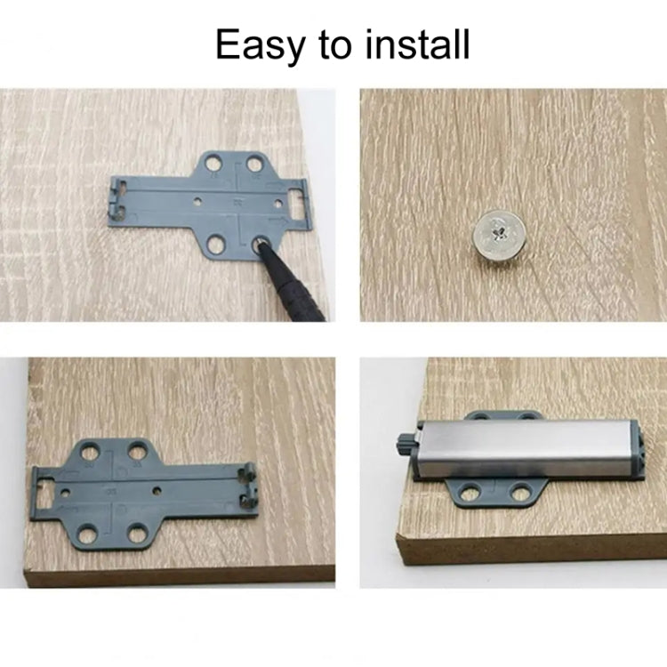 Cabinet latch installation with mounting plate and screws, shown on wood surface