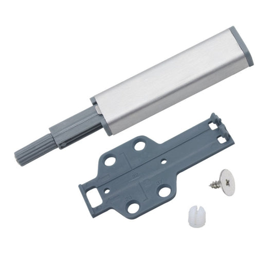 Magnetic cabinet latch with push-to-open door stopper, silver head and dark gray base