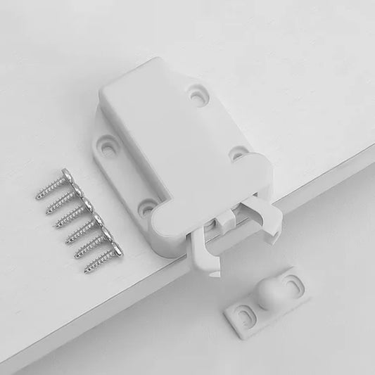 White press-to-lock cabinet door catch with two spring clips and mounting screws