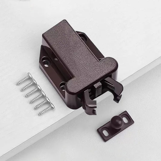 Brown press-to-lock cabinet door catch with spring-loaded clips and screws