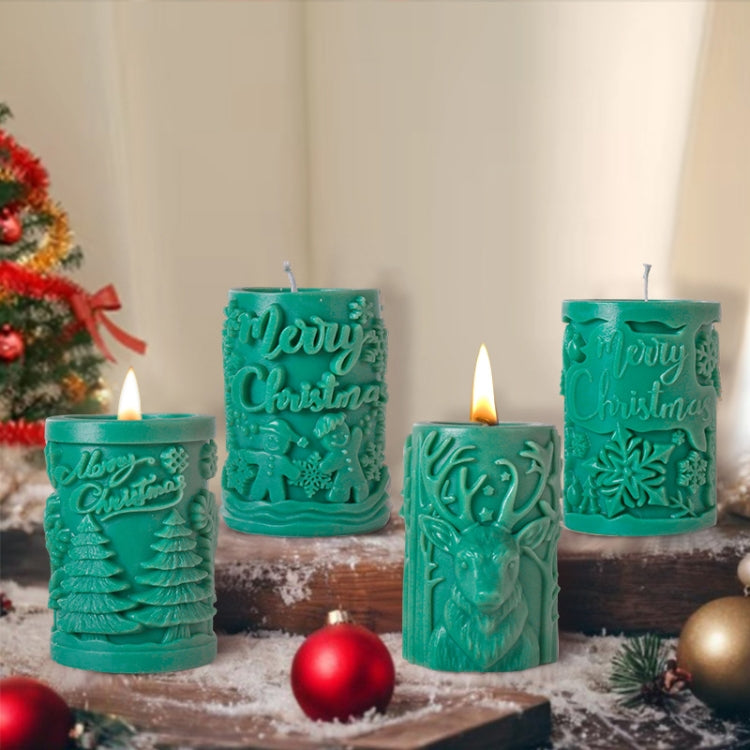 Assorted teal “Merry Christmas” cylinder candles with flames and raised holiday texture