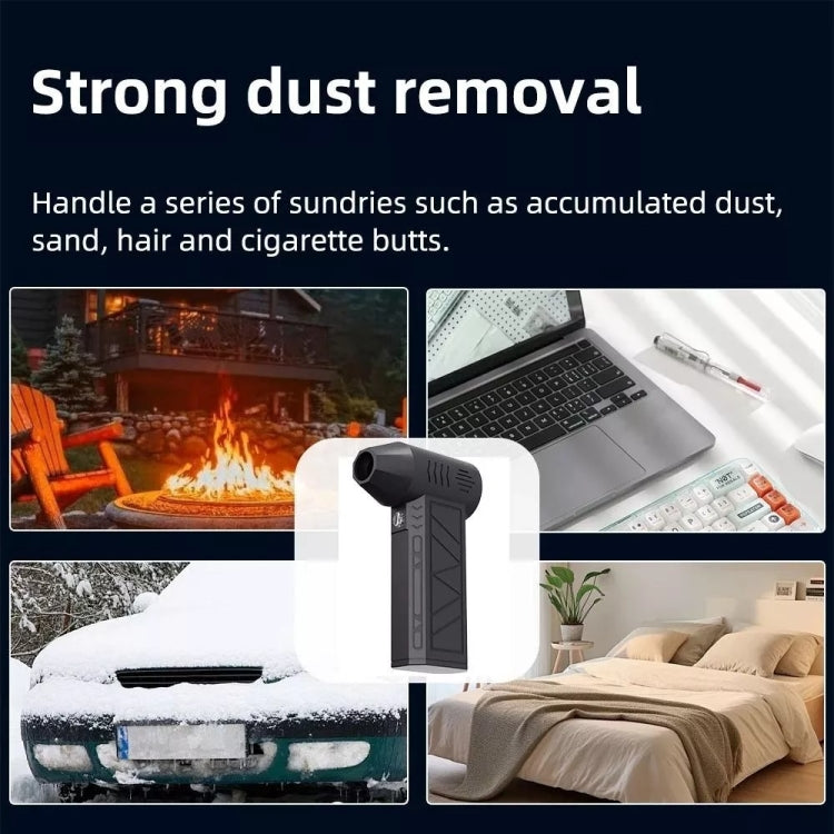 Handheld turbo dust blower fan shown upright with compact nozzle and vented body, dark gray/black