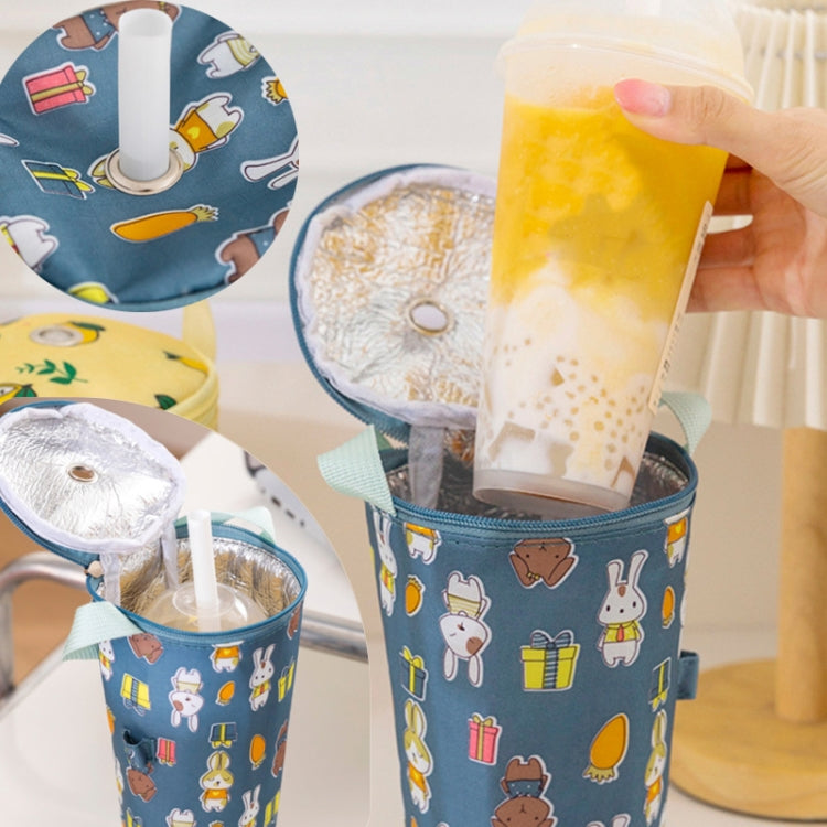 Insulated cup tote bag with animal print holding a clear drink cup, foil lining visible.