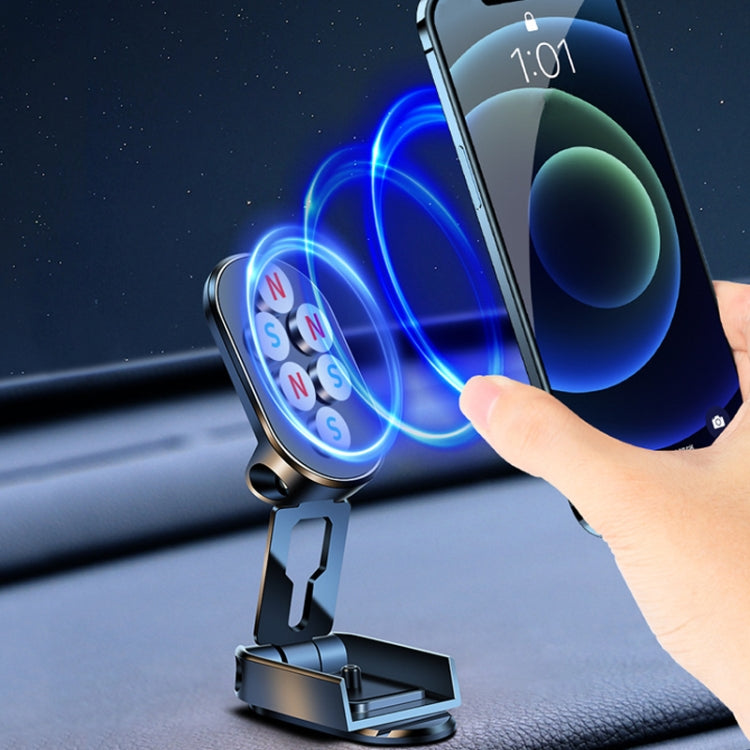 Magnetic car phone holder with hand placing a phone on the dark clamp