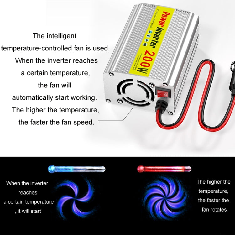 Power inverter with temperature-controlled cooling fan and airflow indicators