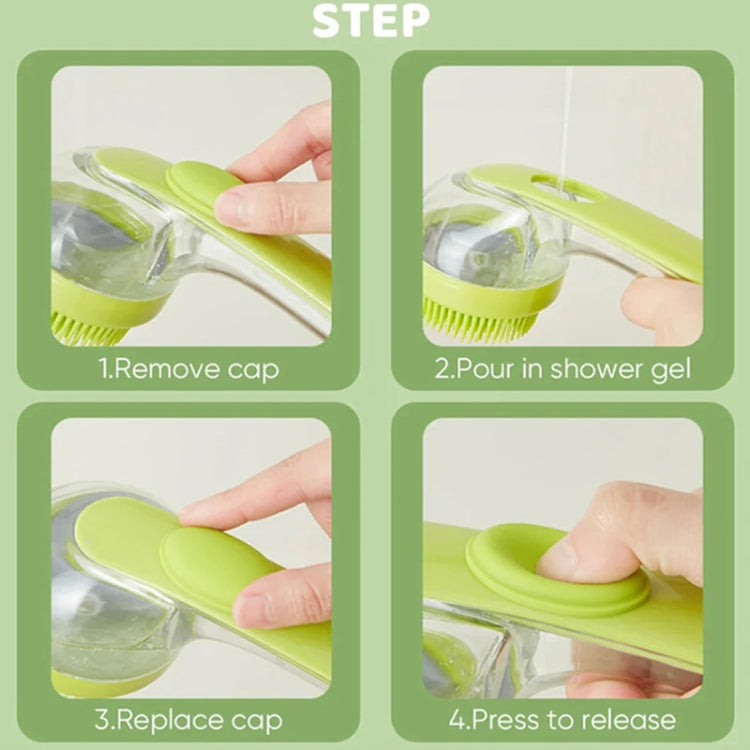 Green silicone pet bathing brush step guide showing cap removal and pressing to release