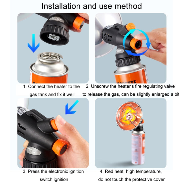 Portable mini gas heater close-up with hand attaching gas valve to burner base