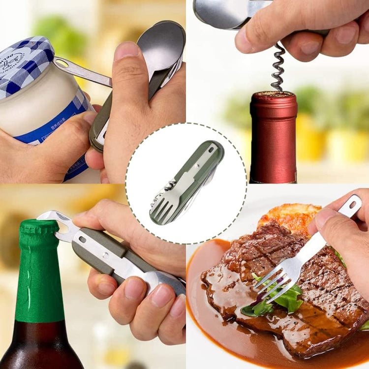 7-in-1 multifunctional camping tableware set being used to cut food and open bottles
