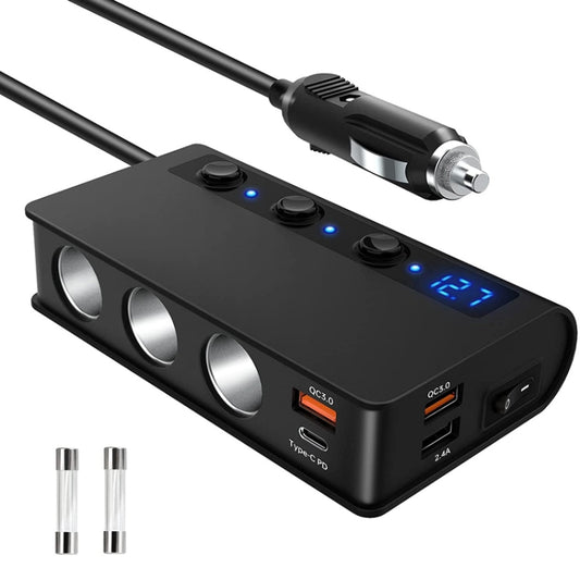 TR24 Car Cigarette Lighter One To Three With Switch 180W High Power Fast Charger, TR24(Black PD Version)
