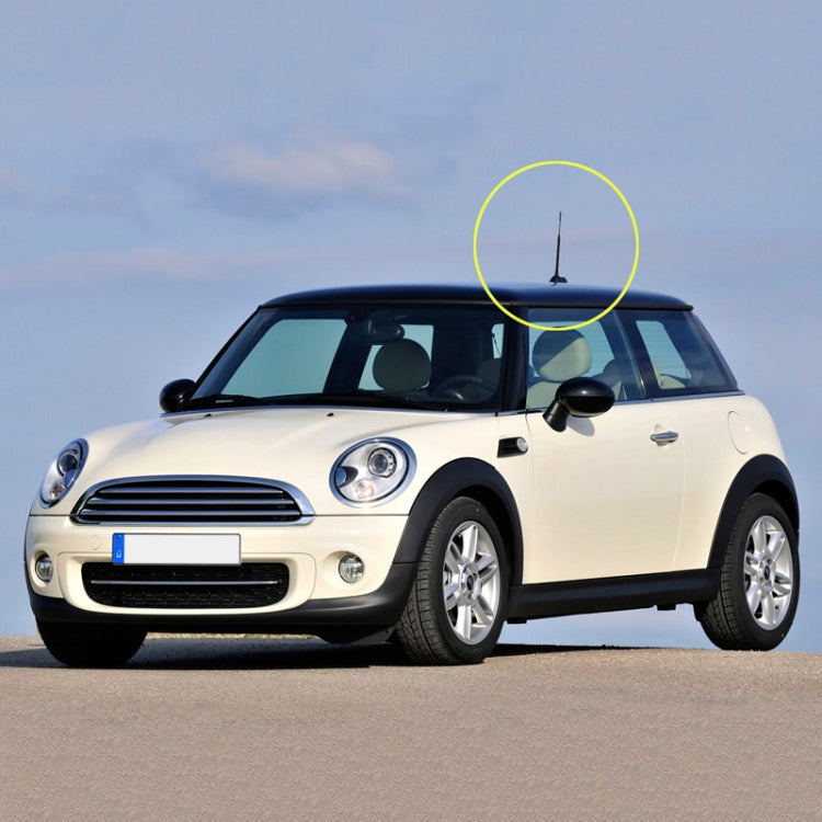 Car with black antenna pole on roof, highlighted with yellow circle