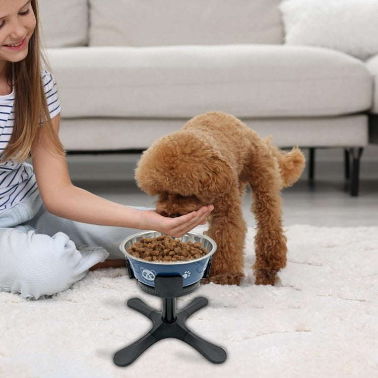 Adjustable pet food bowl stand with blue stainless bowl and sturdy legs