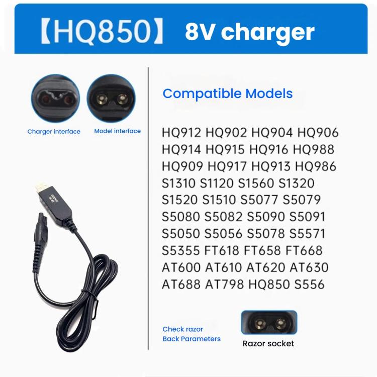 Black 8V USB charging cable with connector; compatible models chart shown