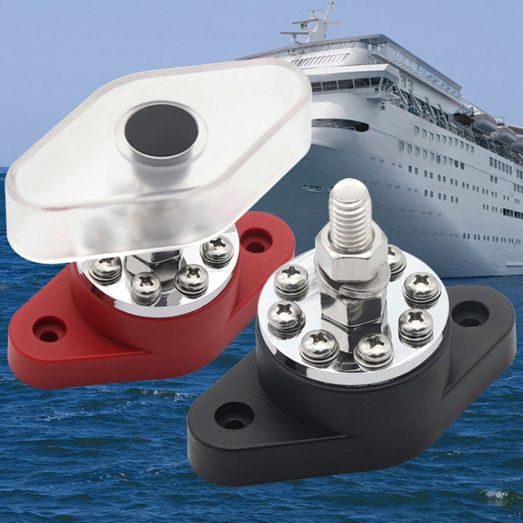 Multi-channel current bus terminals with red and black bases and stacked mounting studs