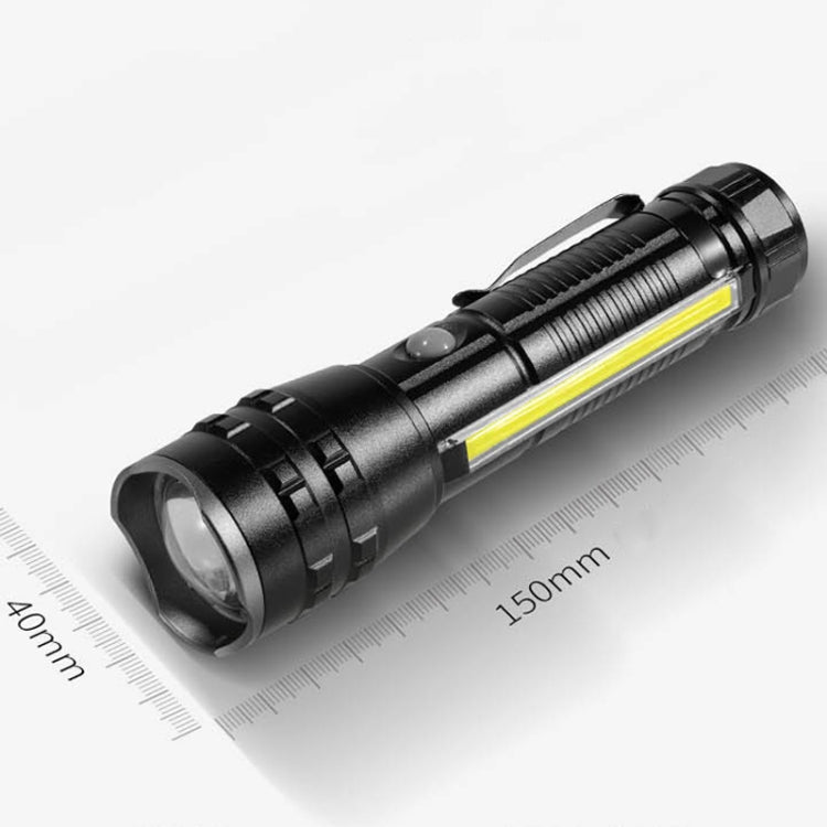 Black compact flashlight with front lens and bright side strip light.