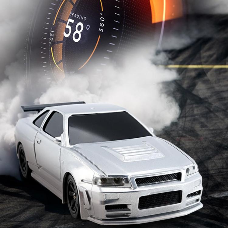 White mini remote control drift car with hood vents and smoke