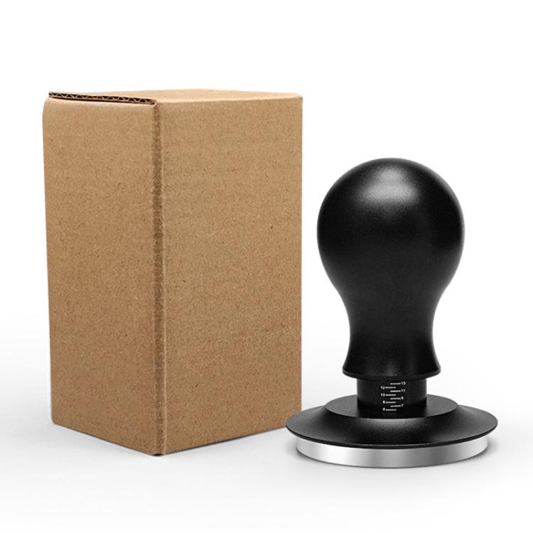 Black coffee impact tamper with round base and height scale on the stem