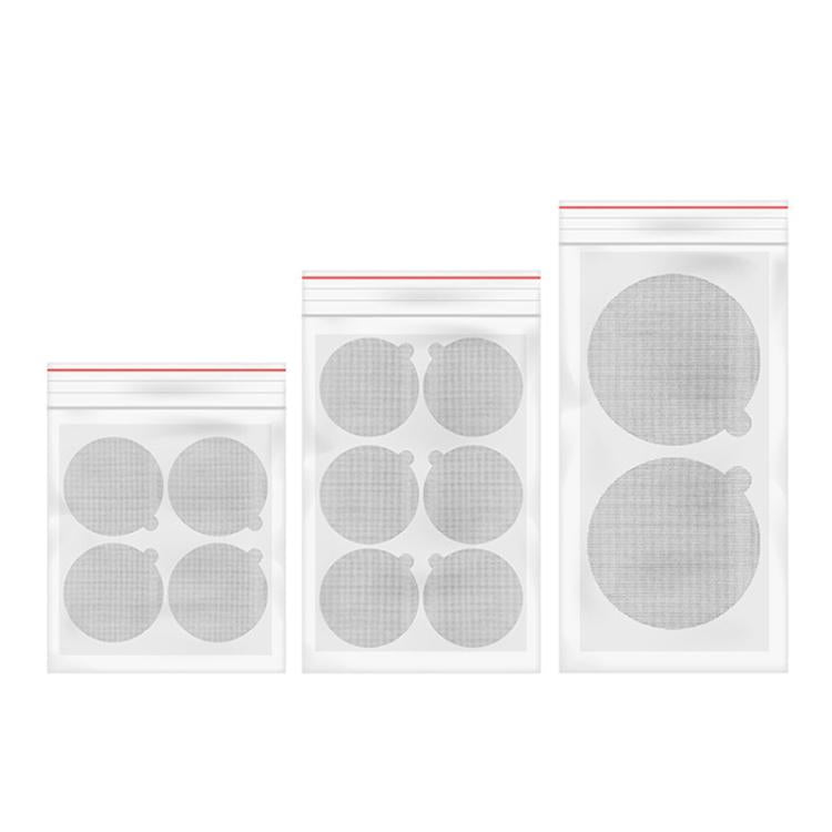 Resealable plastic pouches containing gray foil sealing discs for capsule lids