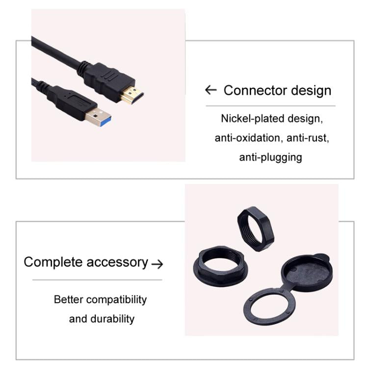 2m USB3.0+HDMI Car Waterproof Cable Motorcycle Boat Dashboard Extension Wire, 2m USB3.0+HDMI