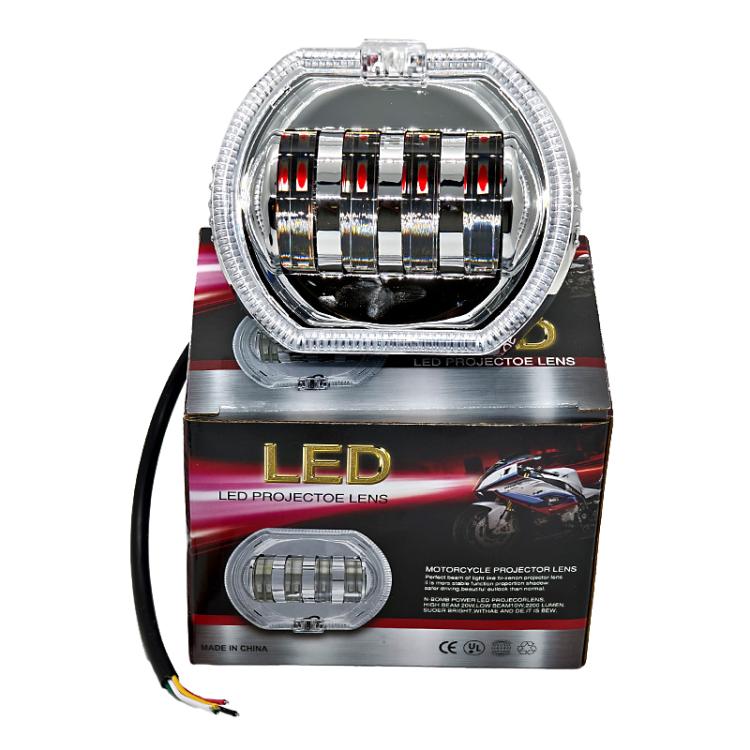 Motorcycle LED headlight front view with clear bezel and multi-bar LED projector lens
