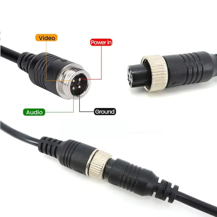 Car camera adapter cable wiring diagram: video, power in, audio, and ground pins