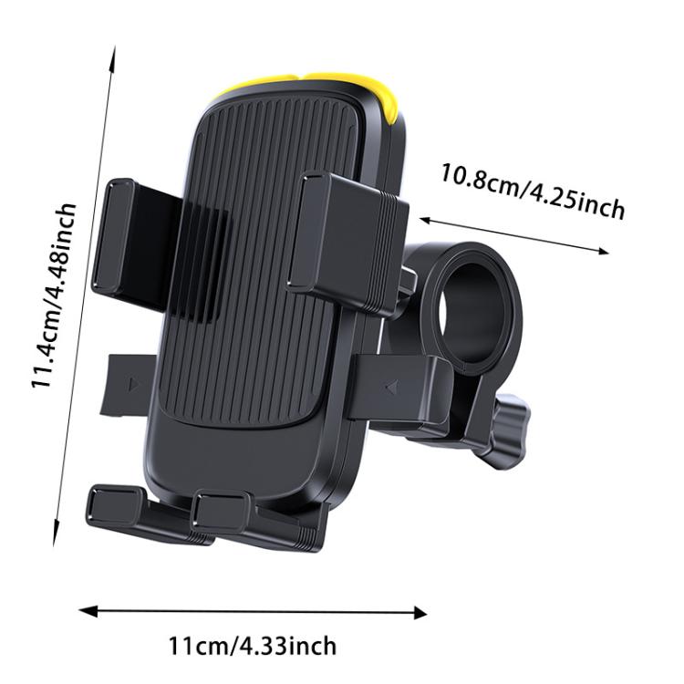 Black bike phone holder with yellow silicone strap and rearview-style base clamp