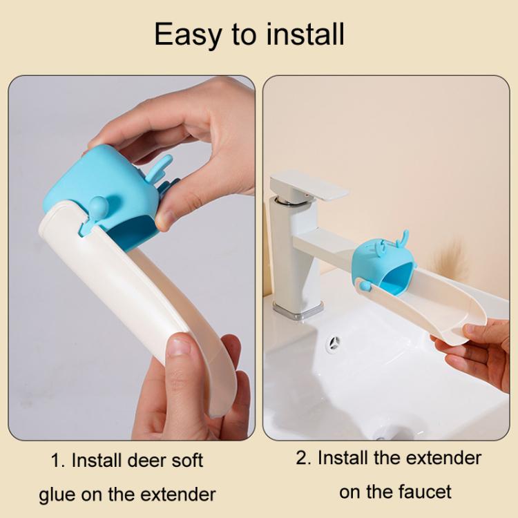 Blue deer faucet extender installation shown on sink faucet for splash control.