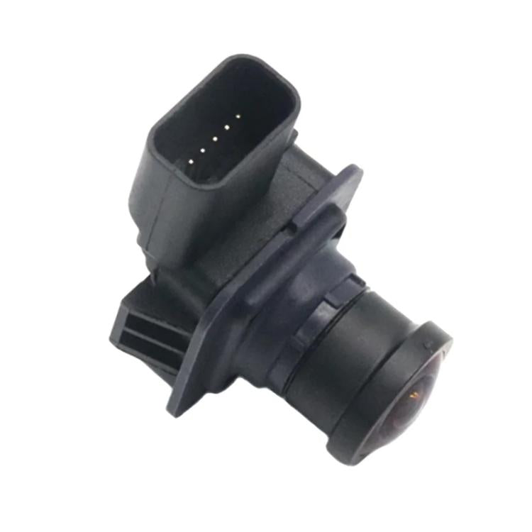 Rear view reversing camera module with angled lens and multi-pin plug connector