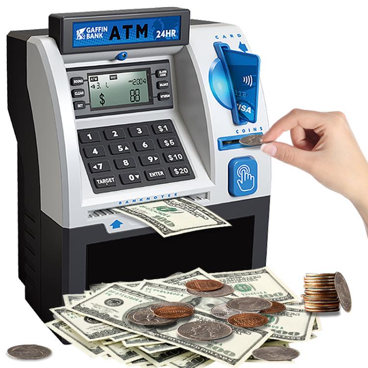 ATM-style smart password card swipe piggy bank with blue card and front cash opening